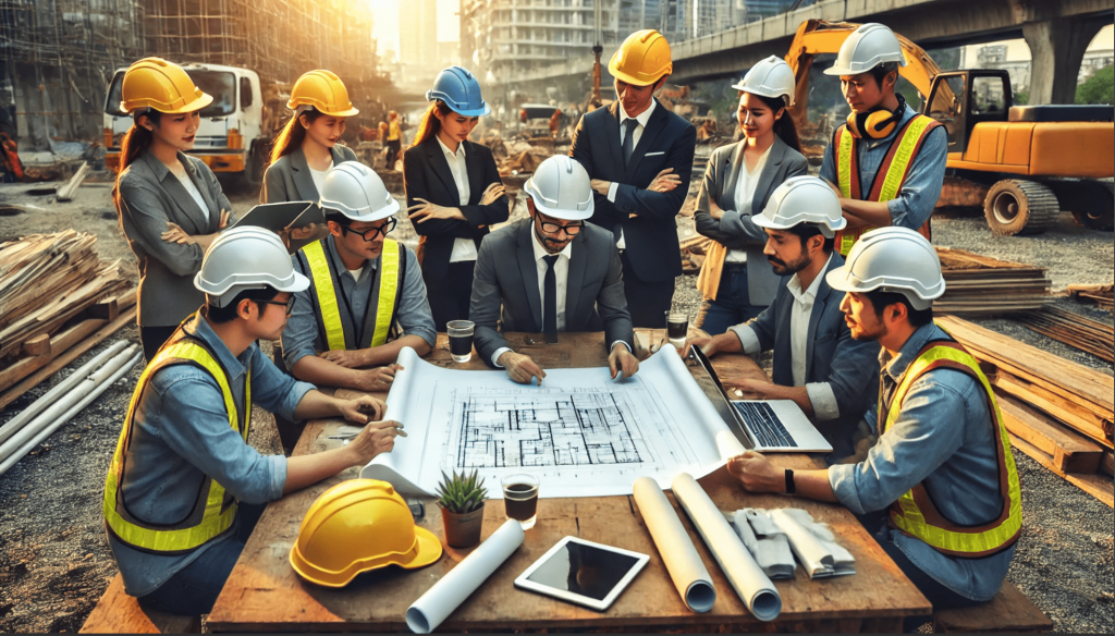 Construction project team reviewing blueprints together at a building site with excavators